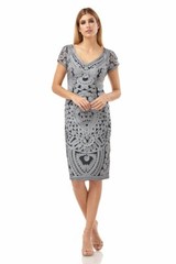 JS COLLECTIONS Navy Blue Cloud Ornate Soutache Ribbon Lace V-Neck Dress 2 = XS