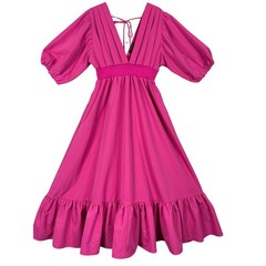 Barbiecore Hot Pink Puff Sleeve Midi Dress Cottagecore Babydoll Ruffle Hem