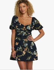 RVCA Women&rsquo;s Linen Blend Floral Mini Dress XS Black Puff Sleeve Cottagecore NWT