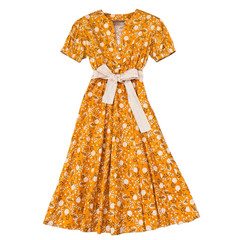 Mustard Yellow Floral Midi Dress Boho Cottagecore A-Line Elastic Waist Tie Belt