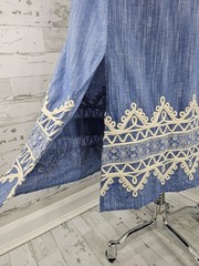 Roller Rabbit Embroidered Caftan Blue Midi Dress Puff Sleeves Womens Xsmall