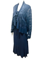 R & M Richards Plus Size 18W Navy Blue 2Pc Dress & Lace Jacket Bead Trim Ruffled