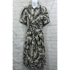 Wallis A-Line Midi Shirt Dress Linen Blend Size 12 Black & Cream White Tropical