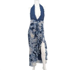Floral Mesh Halter Midi Dress Open Back Ruched Side Slit Ruffle Cocktail Medium