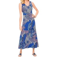 TALBOTS size XL Petite Sleeveless Paisley Knit Jersey Maxi V Neck Dress Blue