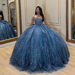 Off Shoulder Royal Blue Tulle Glitter Lace Train Custom Quinceanera Sweet15 Gown