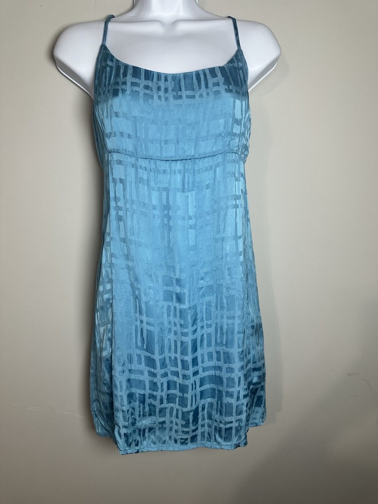 Ghanda Coastal Blue Satin Mini Slip Dress Tie Back Geometric Jacquard Size M