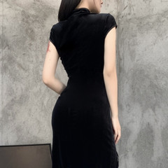 Ladies Chinese Cheongsam Qipao Long Dress Mandarin Collar Velvet Gothic Dress