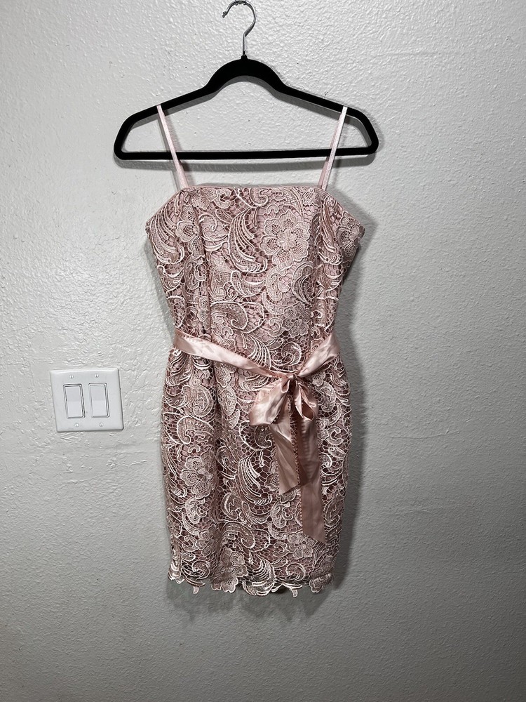 Adrianna Papell Pink Floral Lace Strapless Sheath Dress Satin Ribbon Belt Size 8