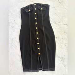 Privy Black Denim Strapless Stretch Button Front Zip Bodycon Sheath Dress M