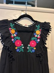 Umgee Black V-Neck Embroidery Short Tiered Dress w/ Flutter Sleeves Pom Poms
