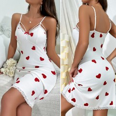Women Sexy Lingerie Heart Printed Babydoll Underwear Lace Nightgown Slip Dress