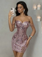 SheIn Pink Sequin Mesh Bodycon Mini Dress XS Beaded Straps Lace-Up Sweetheart