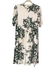 ICHI Ivory Green Floral Lined Cottagecore Midi Dress Size 34 / XS