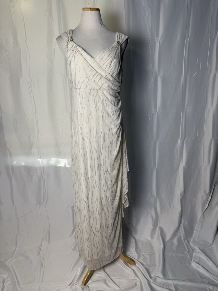 R&M Richards Ivory/Silver Glitter Beaded Chiffon V-Neck Long Gown 16