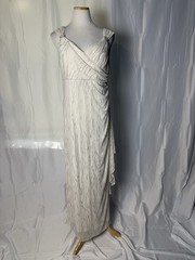 R&M Richards Ivory/Silver Glitter Beaded Chiffon V-Neck Long Gown 16