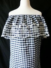 Forever21 Navy& White Gingham Off Shoulder Embriodered Ruffle Summer Dress -S