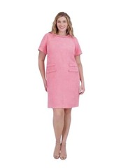 Pink Solid Tweed Shift Dress Crew Neck Short Sleeve Knee Length Pockets