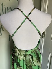S Strappy Halter Green Leaf Long Maxi Sun Dress Knee-slit Versatile V-neck Lined