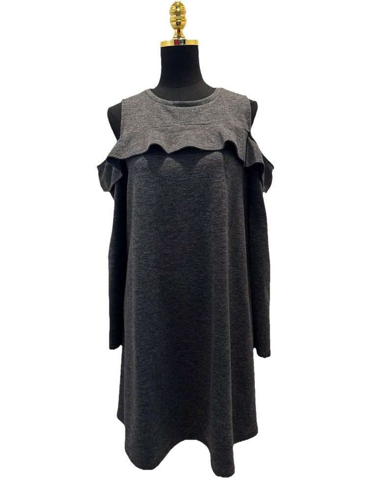Loft Women&rsquo;s Gray Cold Shoulder Long Sleeve Dress, Key Hole Button Back, Large