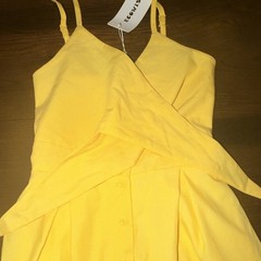 ECOWISH Yellow Solid V-Neck Spaghetti Strap Button Front Tie Knee Dress S