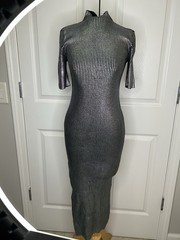 ASOS Silver Metallic Ribbed Knit Bodycon Midi Dress Mock Neck Short Sleeve XS/S