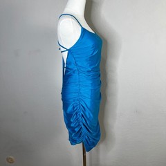 Lulus Ruched Bodycon Spaghetti Strap Mini Dress Bright Blue Open Tie Back Size L
