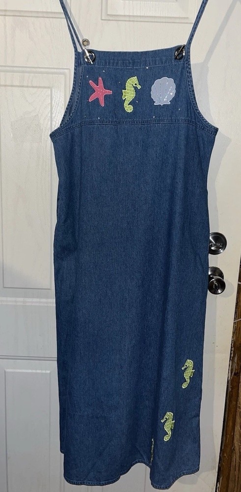 Quacker Factory Women’s Embellished Denim Jumper Dress W/ Sea-Themed Appliqué