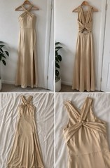 Beige Satin Maxi Dress Halter Twist Front Slit Sleeveless Backless M