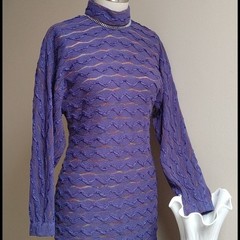 Vintage 80s Purple Long Shift Dolman Sleeves Dress with Texture