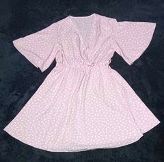 Shein Butterfly Sleeve Faux Wrap Mini Sundress M Pink Poka Dot Boho Swing Dress
