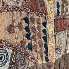 MPH Brown Patchwork Embroidered Rayon Midi Dress L Earthy Festival Vintage 90s