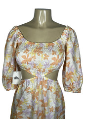 Quiksilver Kara Floral Cut Out Dress Womens Small Off White Puff Sleeve Linen