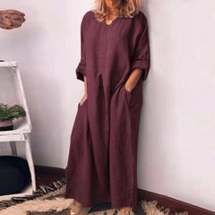 Ladies Side Split V-Neck Cotton Dress Casual Loose Longshirt Holiday Dress –