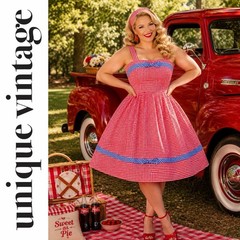 Unique Vintage 1960s Movie Date Red & Blue Gingham Swing Dress, XL, NWT!