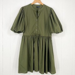 Gap Button Front Dress Cotton Poplin Bubble Sleeve Cinch Waist Size Medium Green