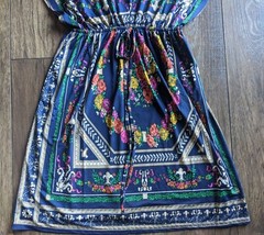 New! Cristinalove Size S Blue Green Gray Tan & Lilac Floral Print Stretch Dress