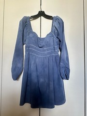 ASTR The Label Blue Dyed Smocked Puff Long Sleeve Mini Babydoll Peasant Dress L