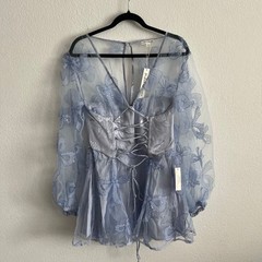 For Love and Lemons Lace Up Embroidered Sequin Bows Presley Mini Dress NWT