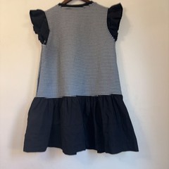 Strut & Bolt Drop-Waist Dress Medium – Black & White Stripe – Ruffle Detail