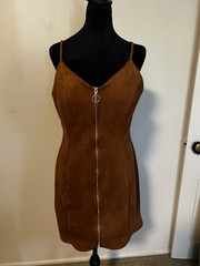 IRIS XL Brown Solid Suede V-Neck Zip Front Sheath Mini Dress Stretch
