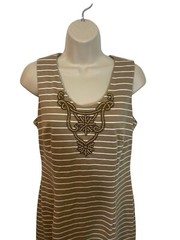 SHARAGANO Women&rsquo;s Size 8 Tan Striped Dress with Beaded Embellishment