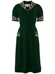 Vintage 1940s 1950s Retro Style Deep Green Soutache Loop Decor Dress UK 08-20