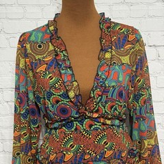 Cold Back Long Sleeve Ruffle Sheer Lined Dress Colorful Boho NO SIZE TAG