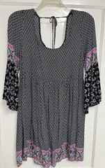 Umgee Shift Dress L Geometric Print Scoop Neck 3/4 Bell Sleeve Back Tie