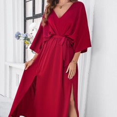 Women V-neck Midi Dress Batwing Sleeve Double Split Slit Tie Waist Summer Beach