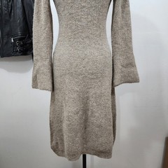 Commense Stacking V-Neck Split Breasted Knit Sweater Dress Beige Bell Sleeve SML