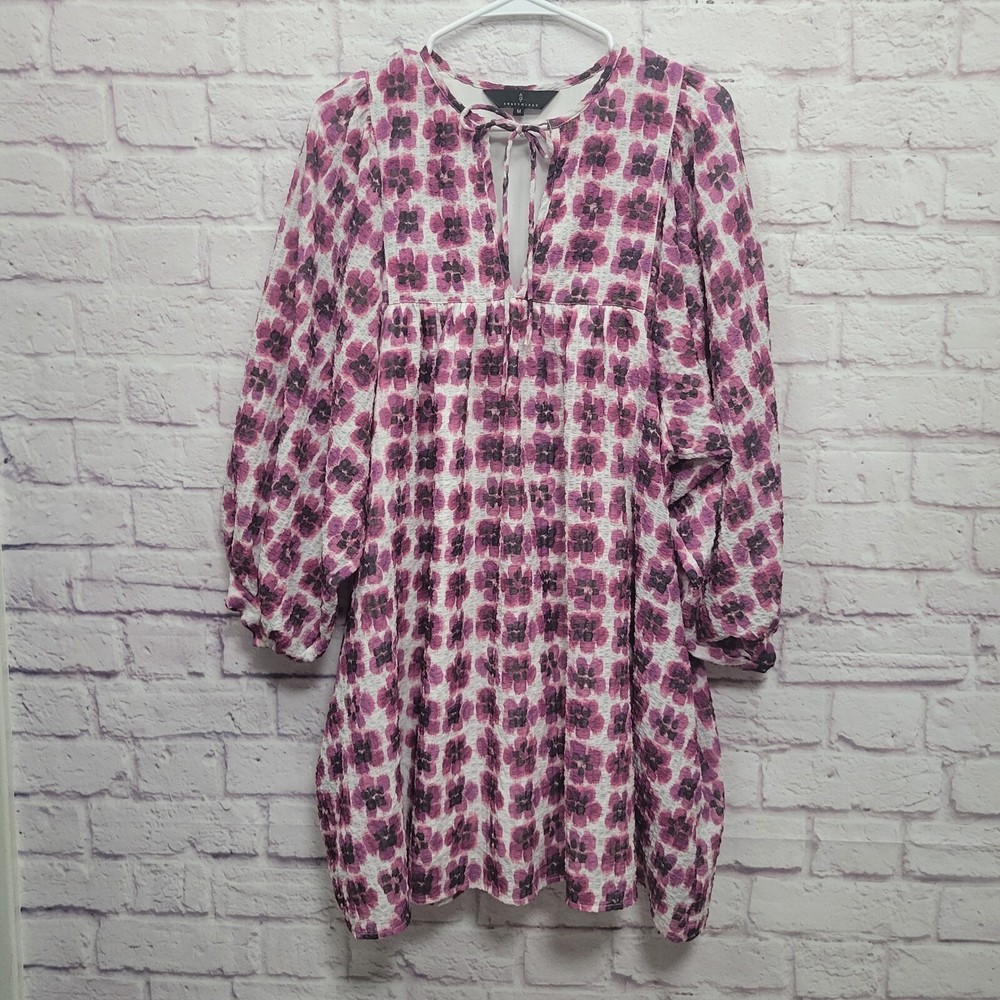 Abbey Glass Purple Pansy Ikat Dress Size M Balloon Sleeves Crinkle Empire Waist