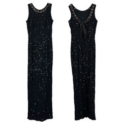 Stenay Silk Beaded Sequined Bow Low Back Long Evening Dress Black Gold Size 4