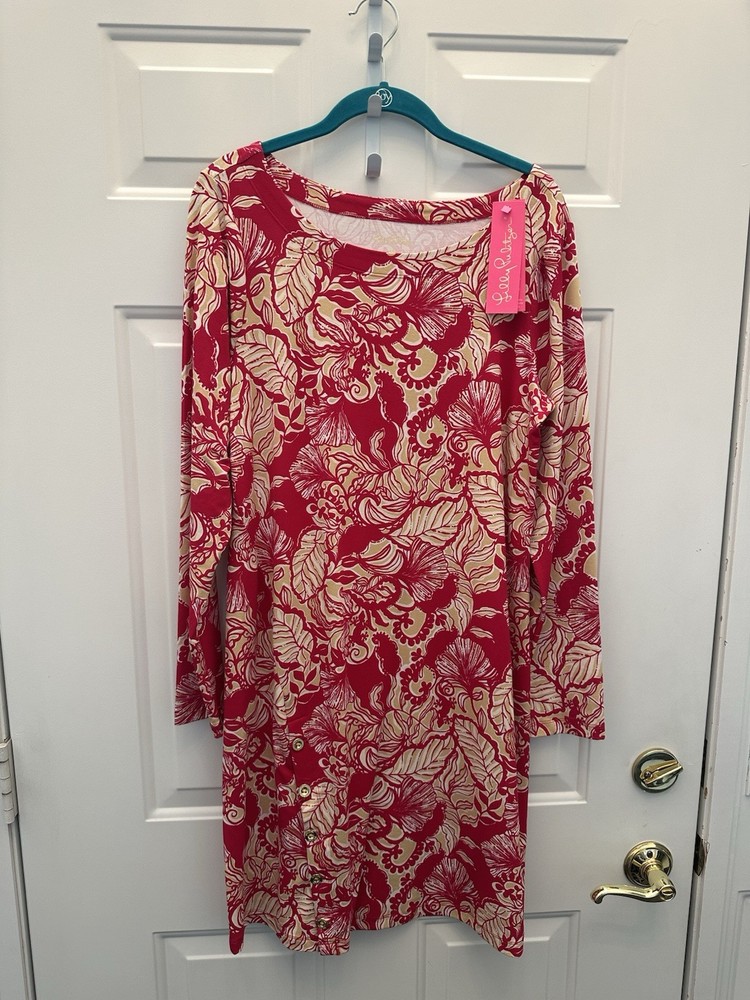 Lilly Pulitzer Maddox Straight Dress L Island Vibes Poinsettia Red UPF 50+